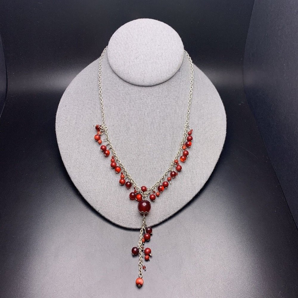 Red Beaded Y Drop Necklace Silver Tone Elegant Dangle Bead Elegant